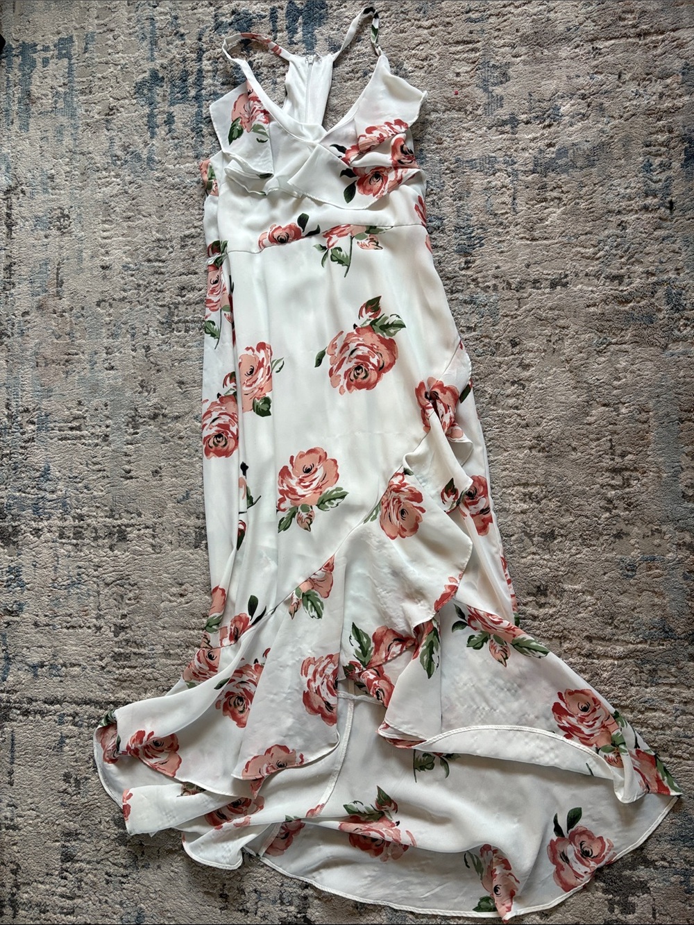 White Floral Maxi Dress with Pink Rose Print